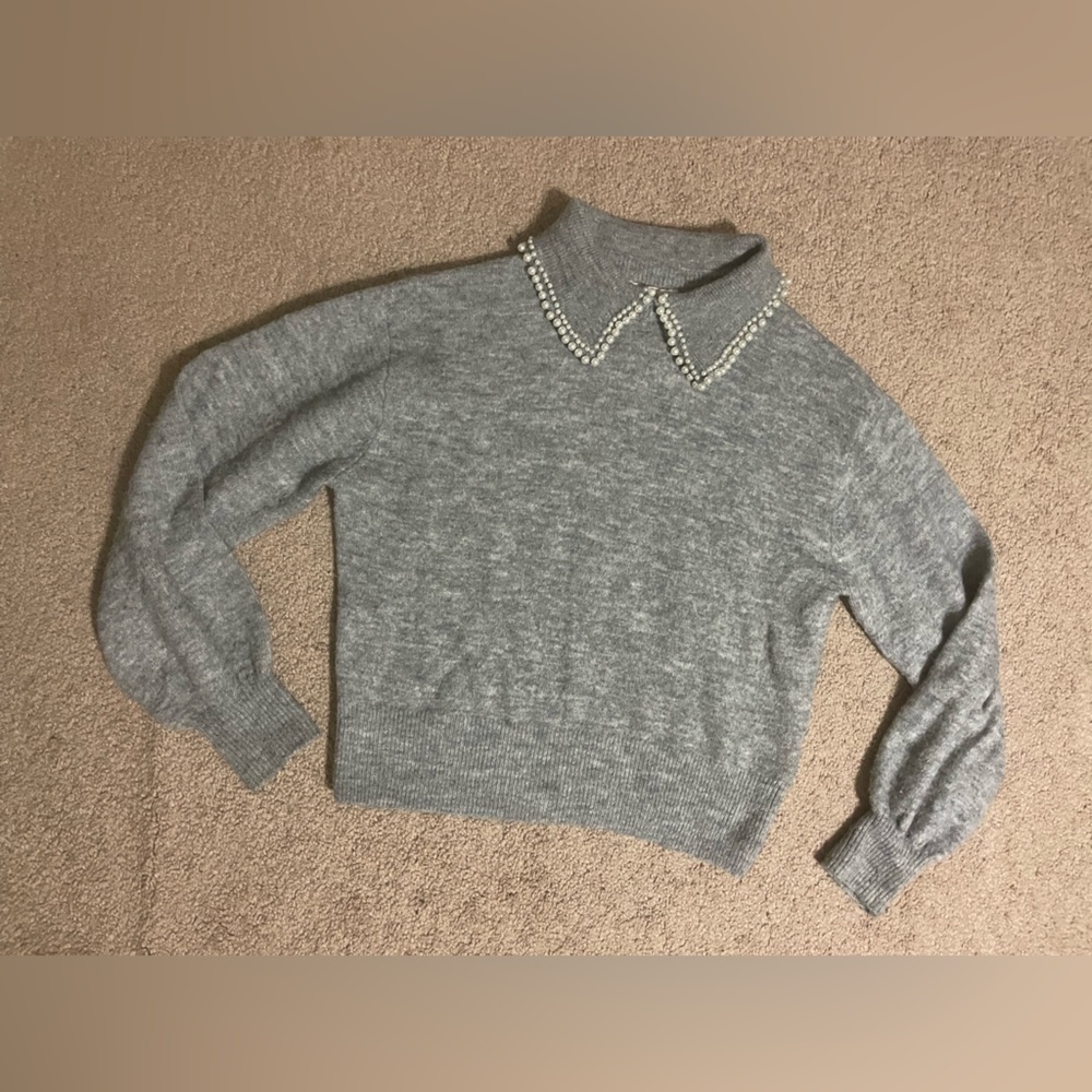H&M Grey collared sweater with pearl design size Small